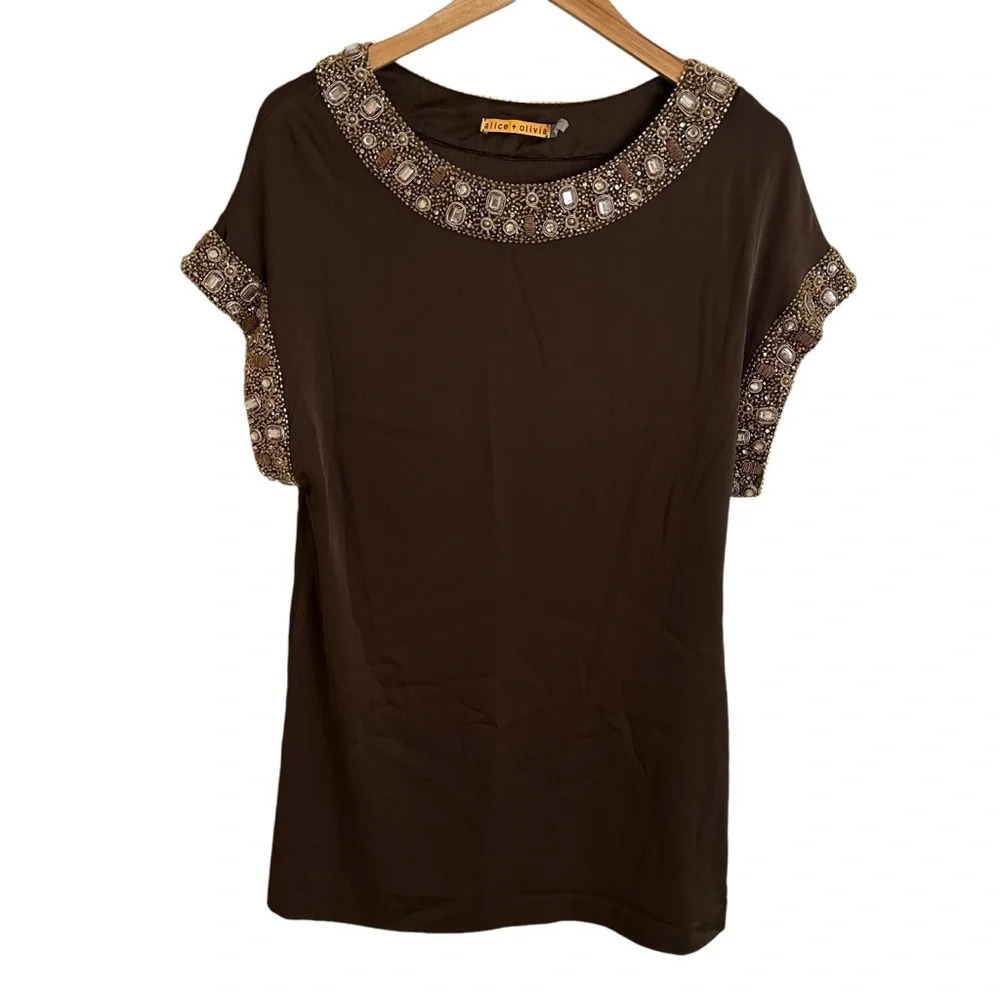 Alice and Olivia size Small Brown stretch Silk Beaded Mini Dress Short Sleeve S